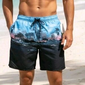New Burnside Swim Trunks Men's XL Polyester Blue Island Scene W/Mesh Lining
